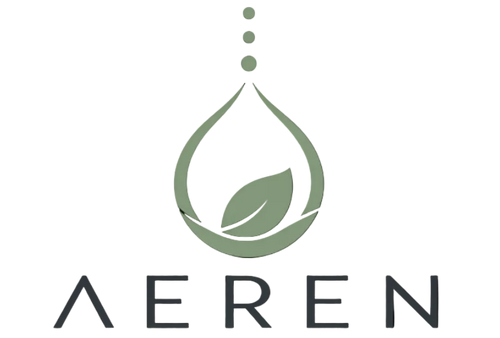 A square graphic with a black background featuring a stylized sage green droplet icon with a leaf inside and the word AEREN in gray below it.